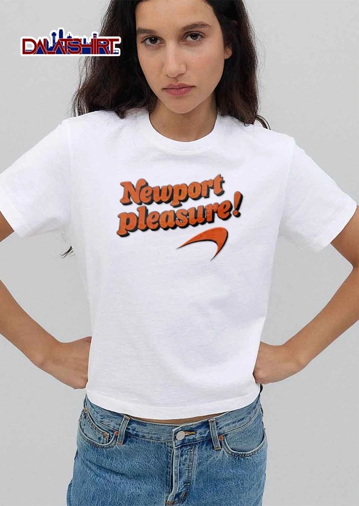 Newport Pleasure orange text swoosh logo shirt
