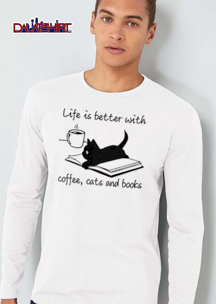 Life is better with coffee cats and books Washed T-Shirt