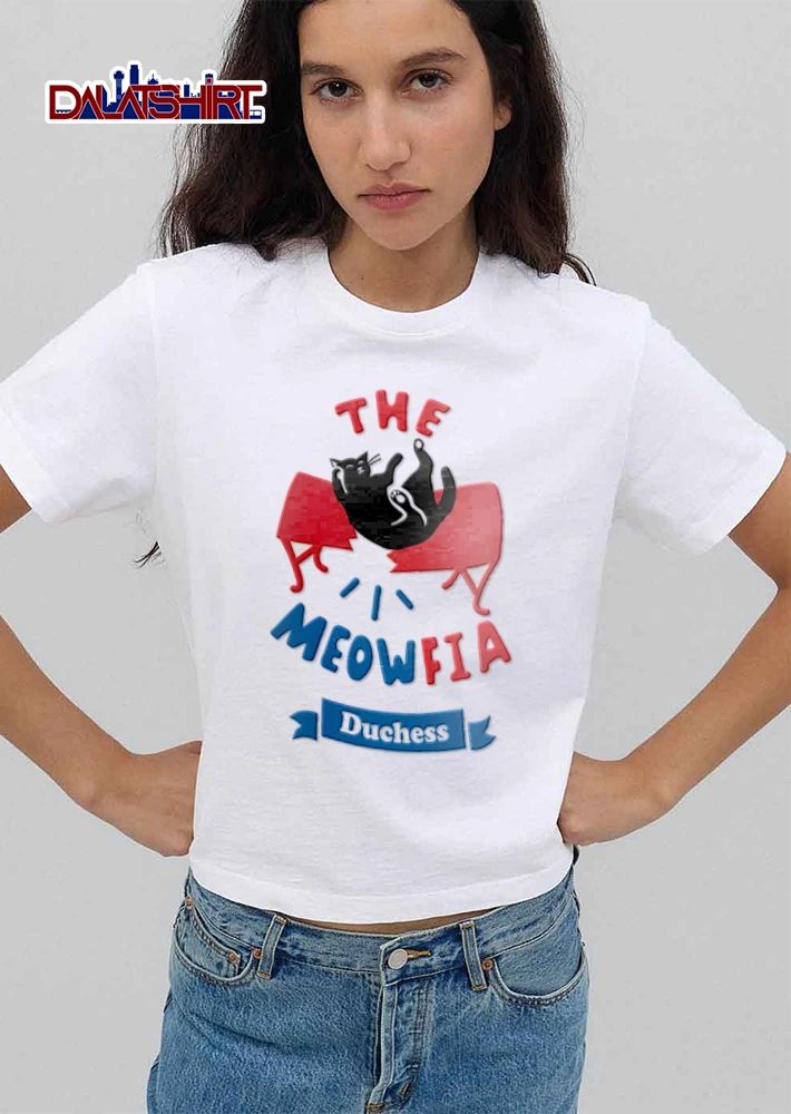 Duchess The Meowfia black cat breaking red table shirt
