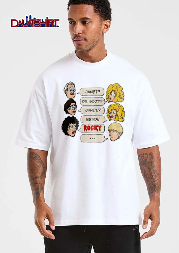 Janet Dr Scott Brad Rocky Horror Picture Show cartoon heads speech bubbles dialogue shirt