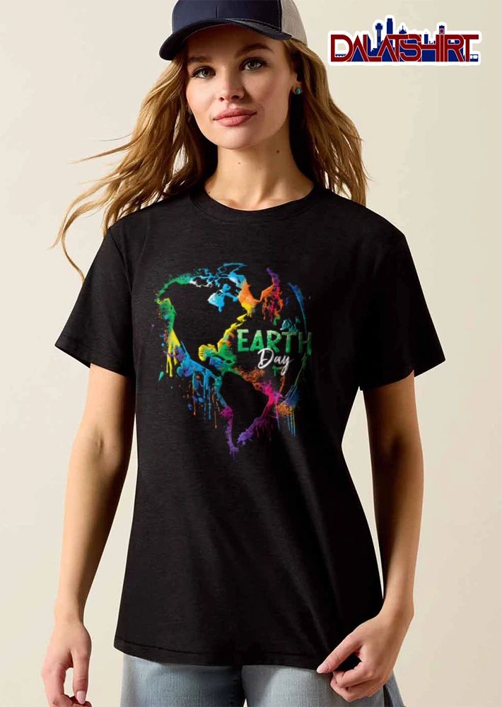 Earth Day rainbow paint splatter world map shirt