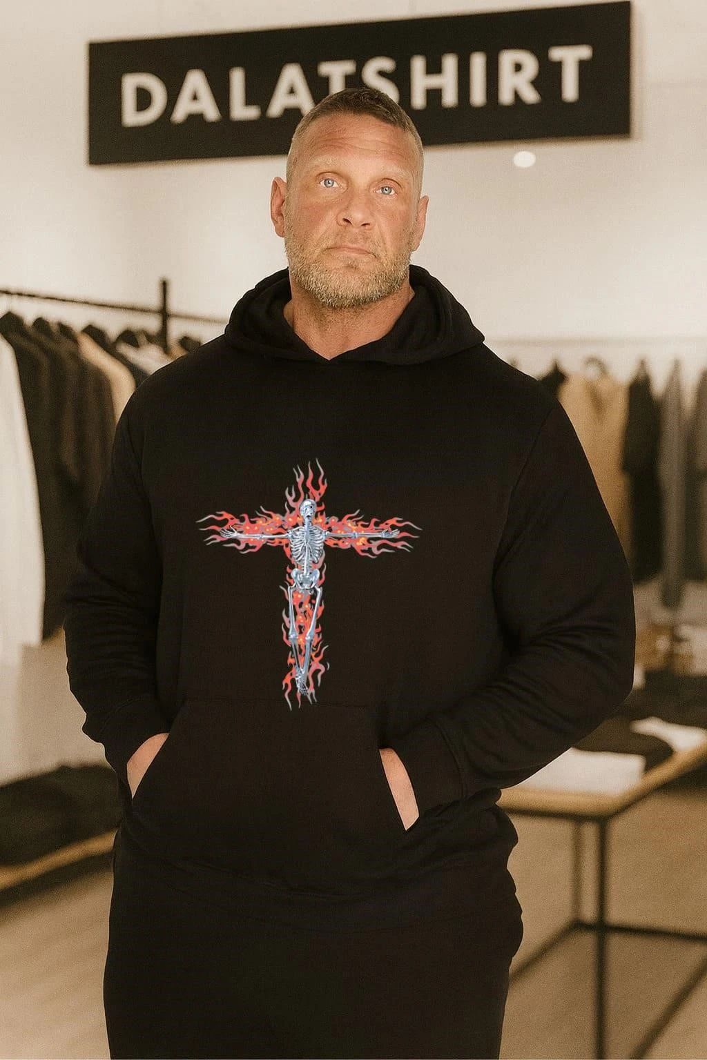 Metallic Silver Skeleton On Fire Red Flames Gothic Cross shirt