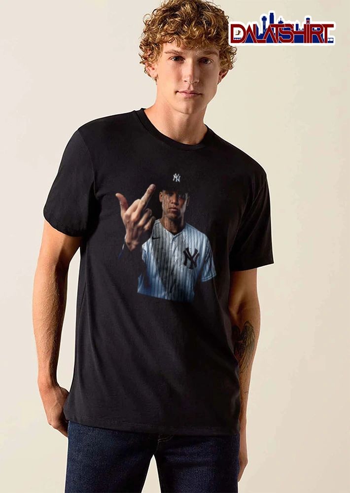 New York Yankees Aaron Judge man wearing pinstripe jersey middle finger shirt