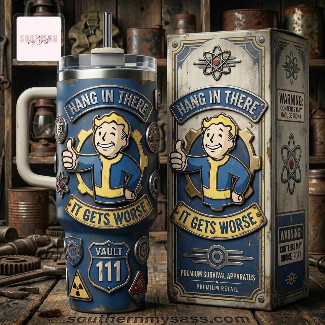 Fallout Vault Boy “Hang In There It Gets Worse” Premium Embossed Tumbler