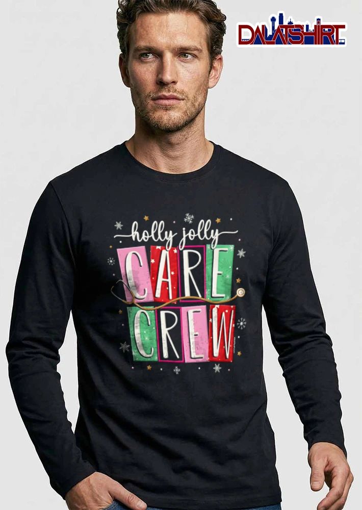 Holly Jolly Care Crew stethoscope over colorful text blocks shirt