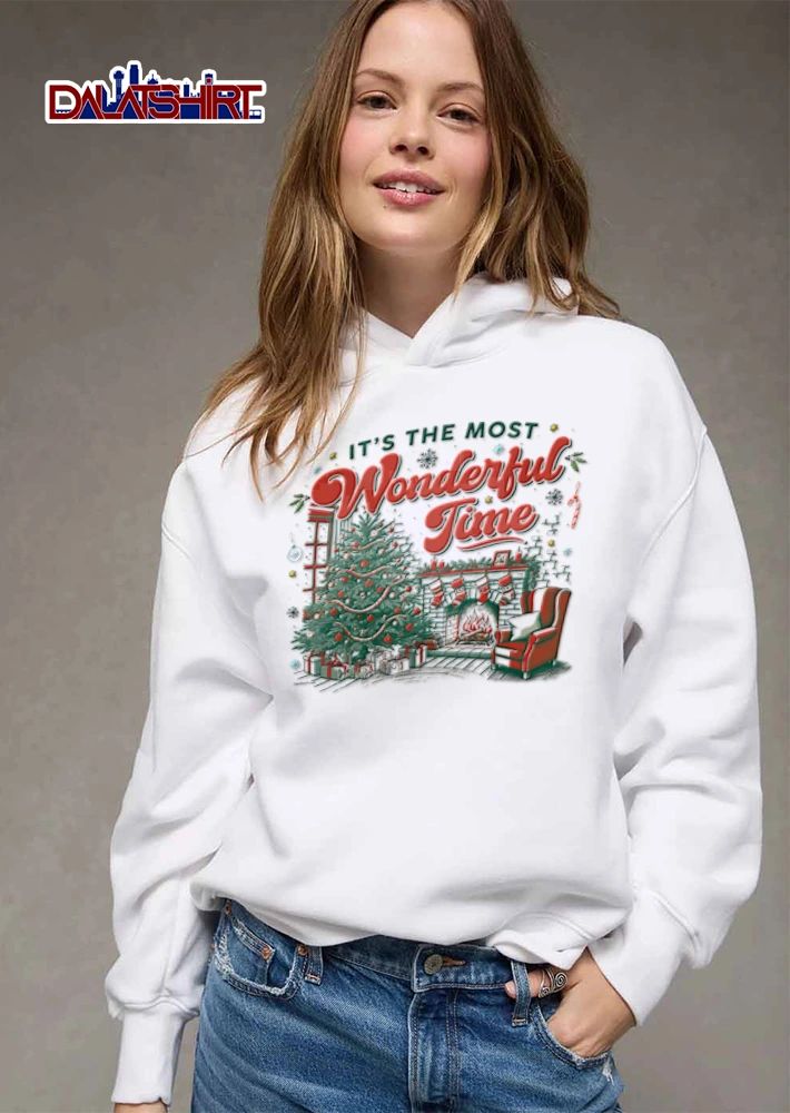 Its The Most Wonderful Time Christmas tree fireplace stockings armchair shirt