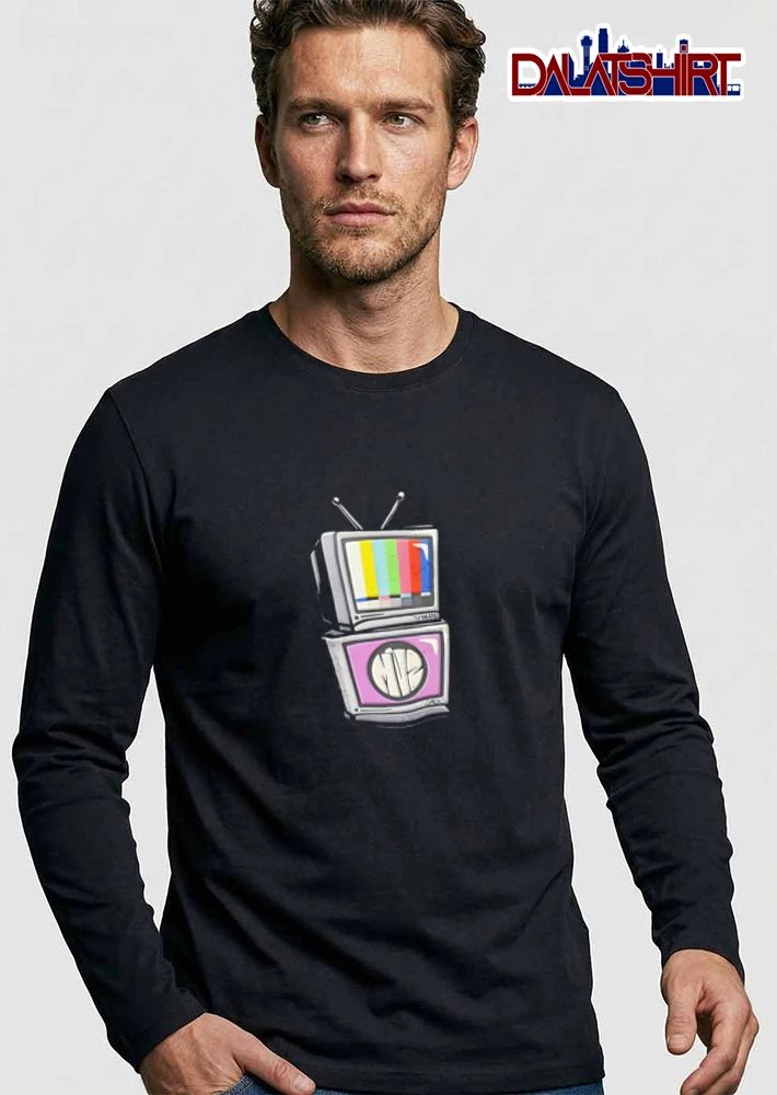 TV HEAD MIZ two stacked televisions colorful bars shirt