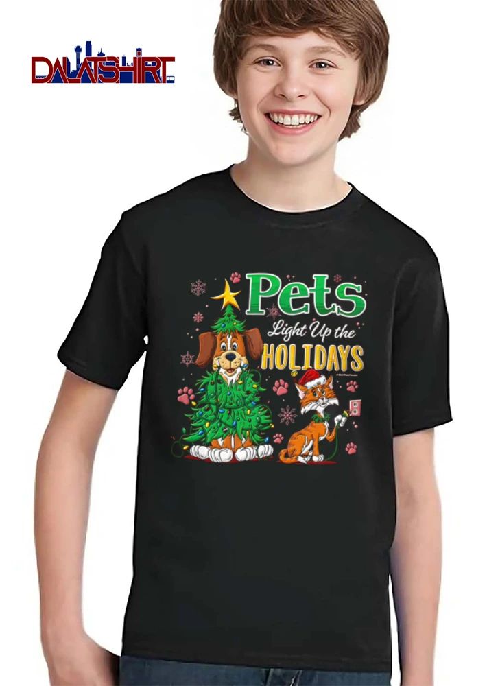 Pets Light Up The Holidays dog wrapped in lights cat plugging in shirt
