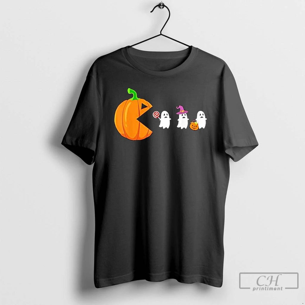 Halloween Gamer Pumpkin Eating Ghost Costume T Shirts