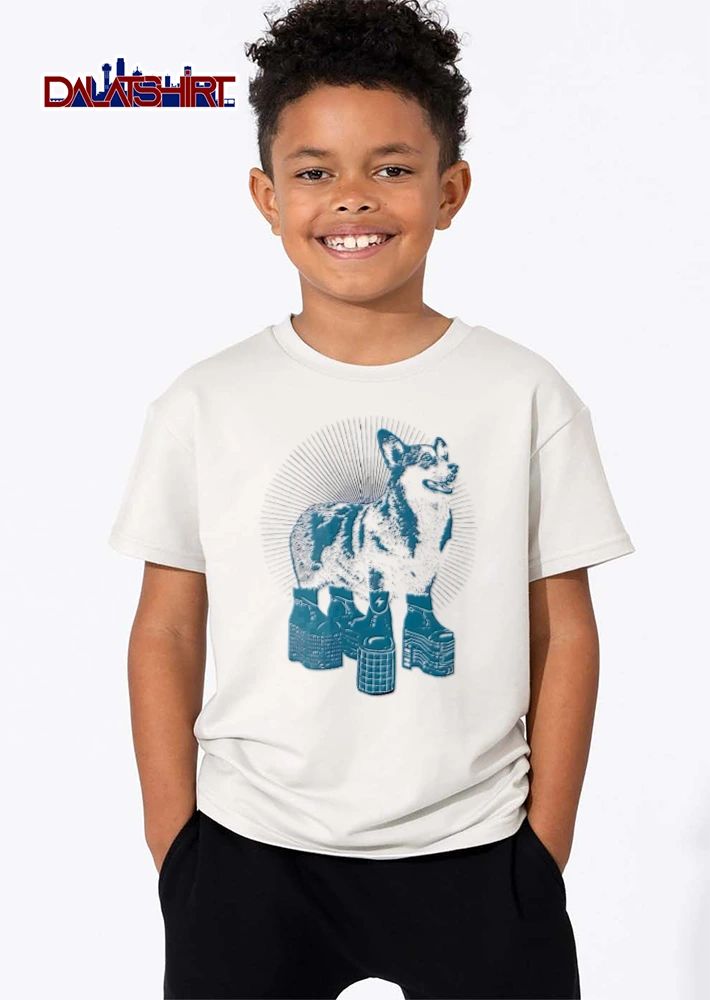 Corgi wearing platform boots sunburst shirt