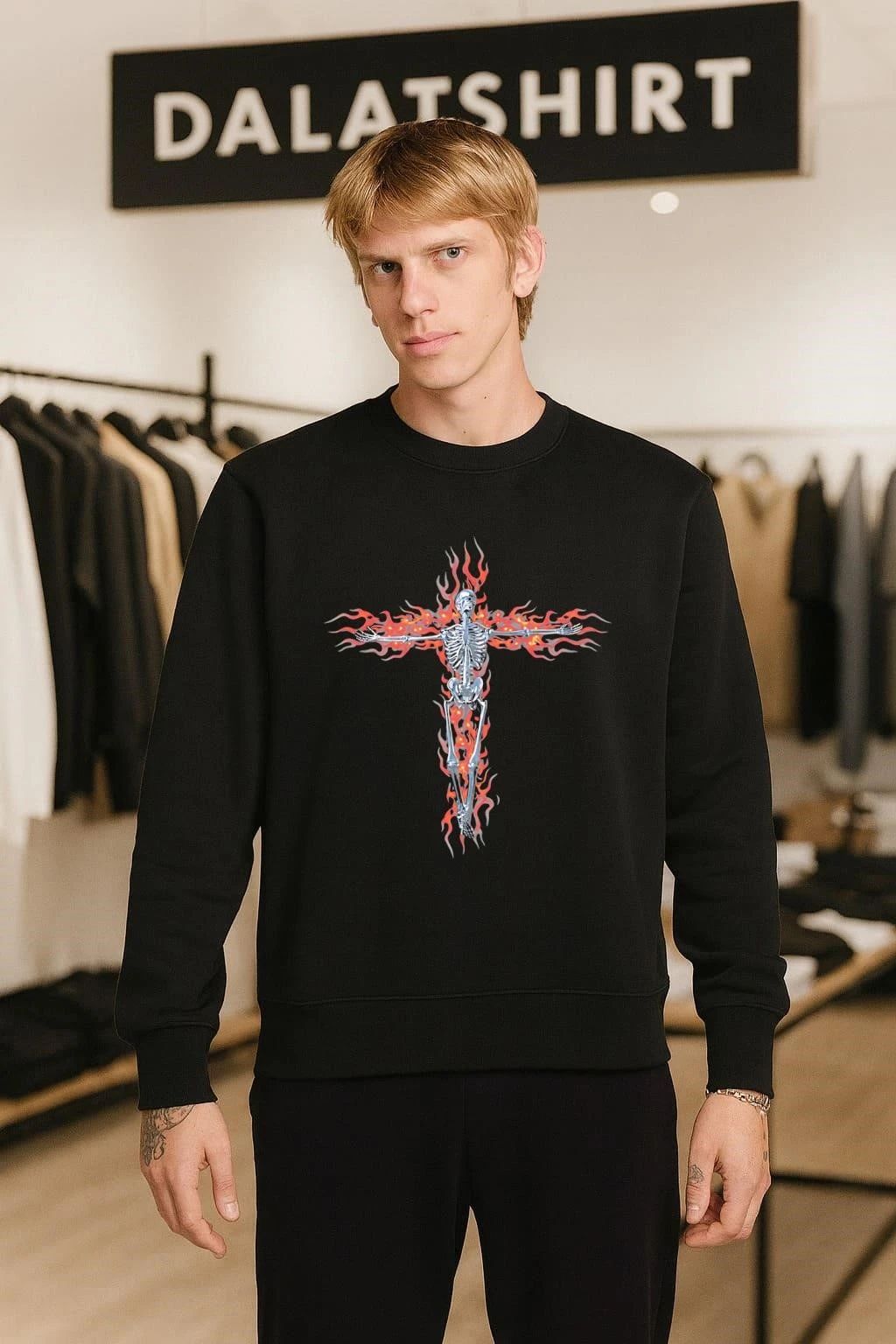 Metallic Silver Skeleton On Fire Red Flames Gothic Cross shirt