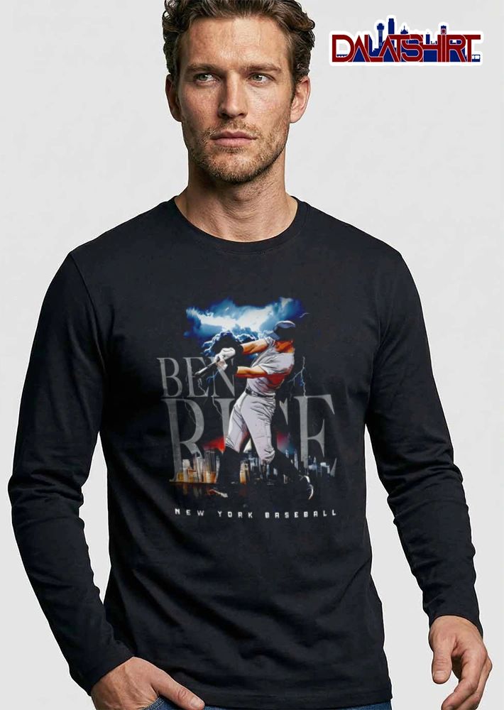 New York Yankees Ben Rice baseball player swinging bat cityscape lightning shirt
