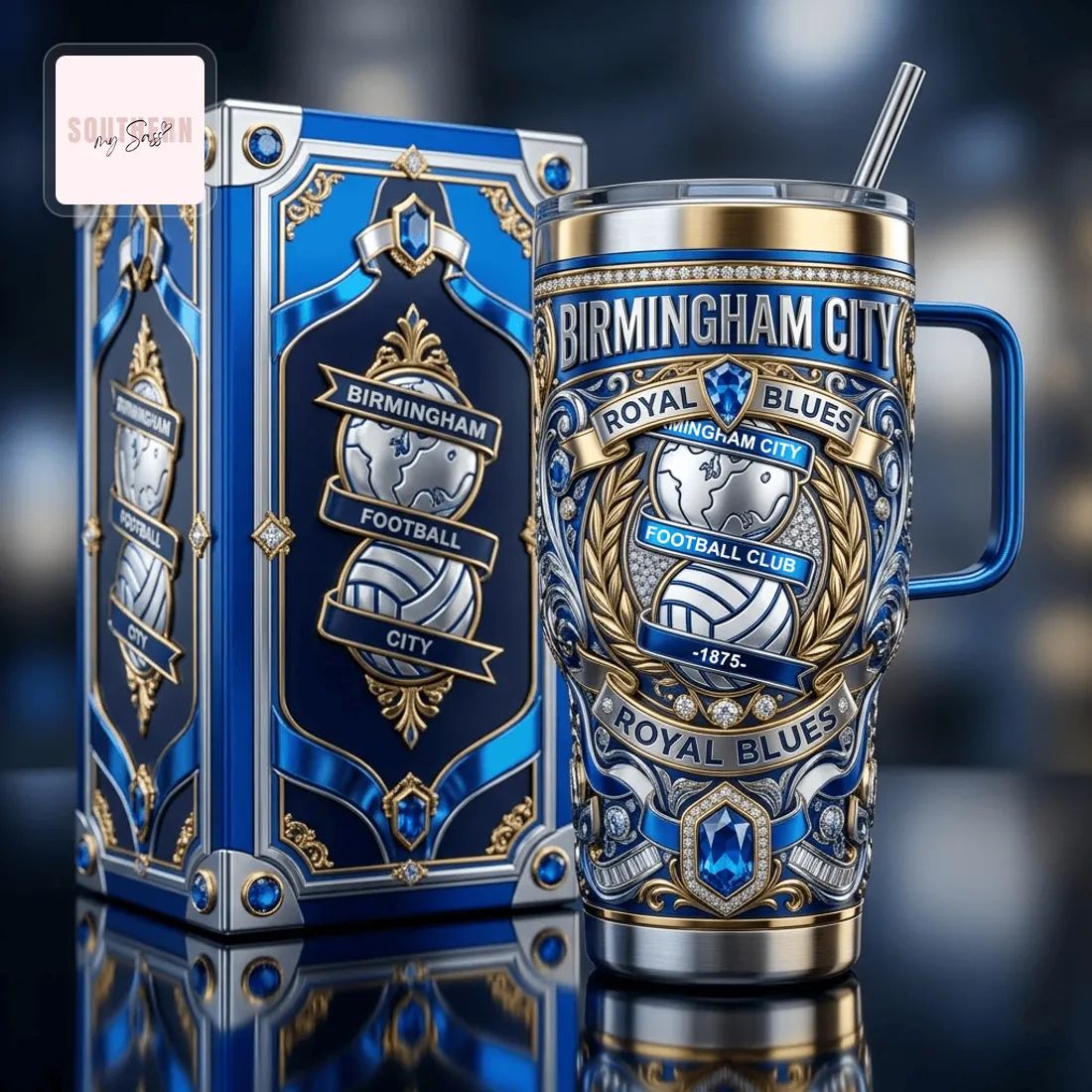 Birmingham City FC Royal Blues Premium Ornate 40oz Insulated Tumbler with Handle