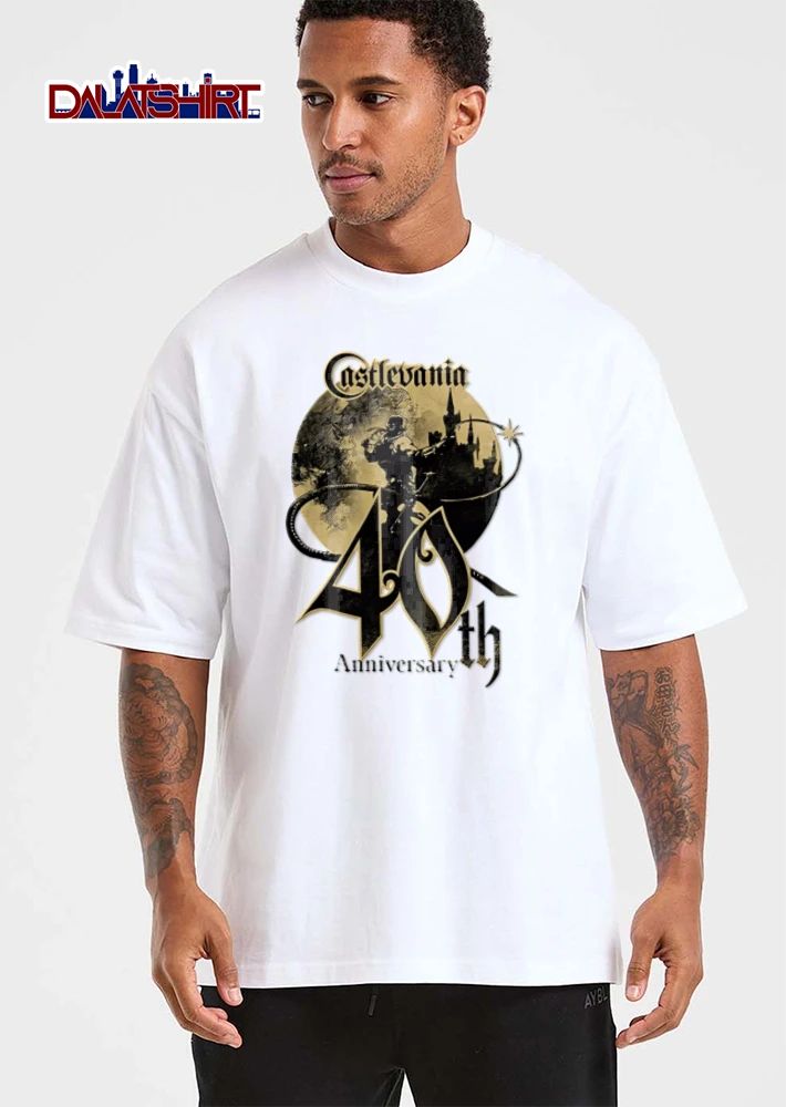40th Castlevania warrior holding whip before castle shirt