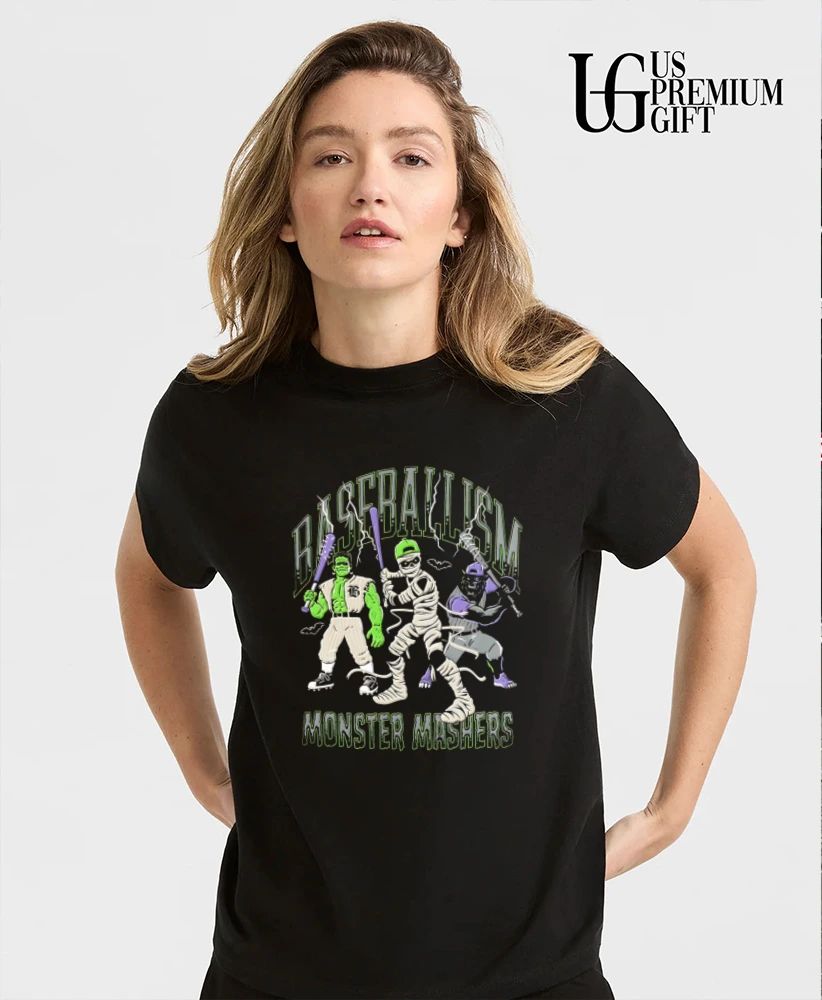 Monster Mashers frankenstein mummy werewolf holding bats shirt