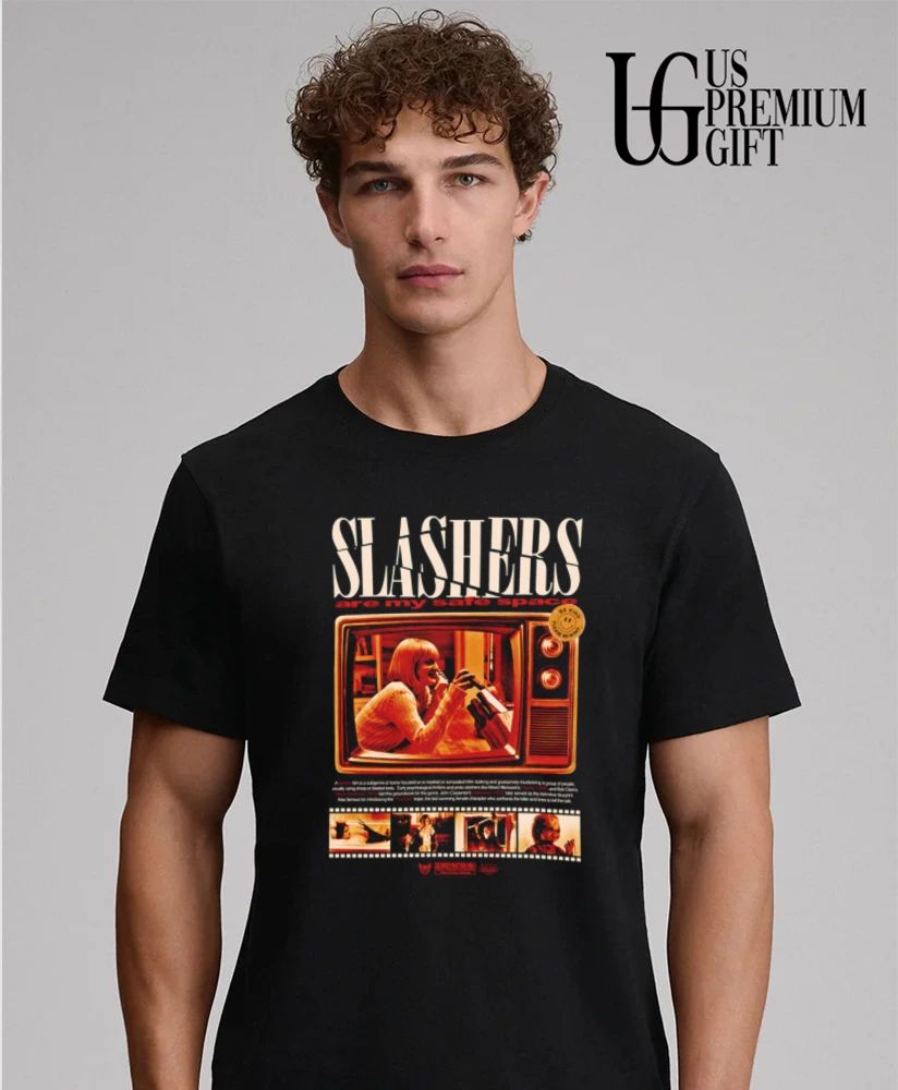 Slashers Are My Safe Space Halftone Horror Movie Collage T-shirt