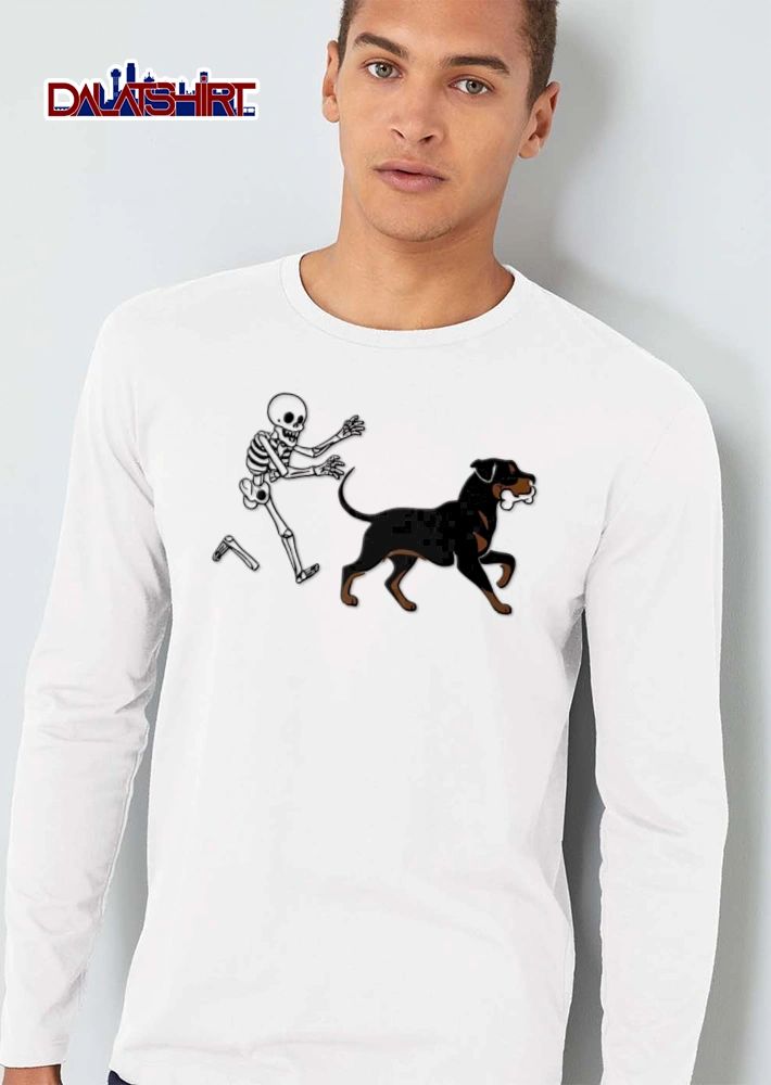 Skeleton chasing rottweiler holding bone shirt