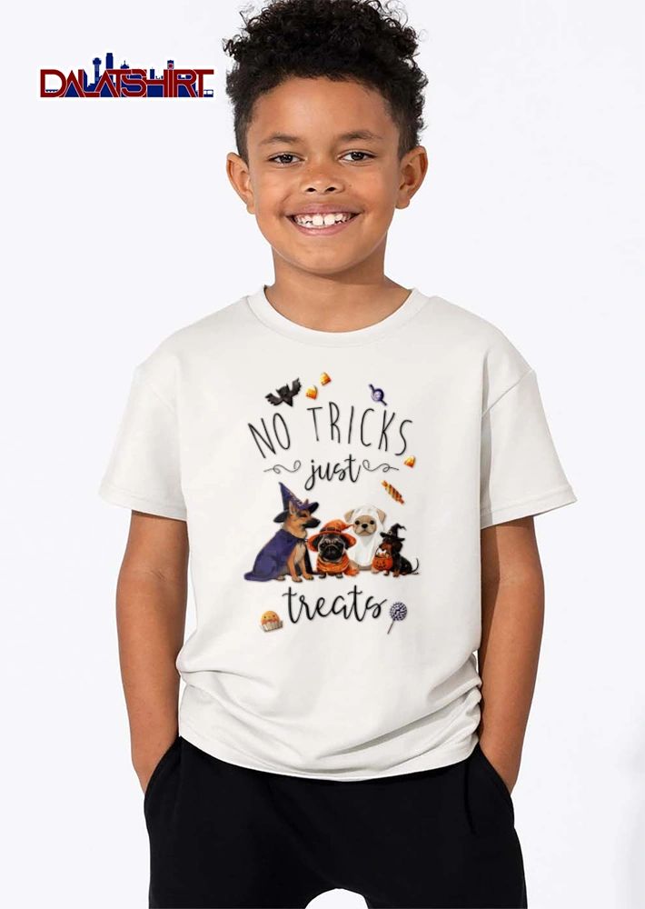 NO Tricks Just Treats four dogs wearing Halloween costumes shirt