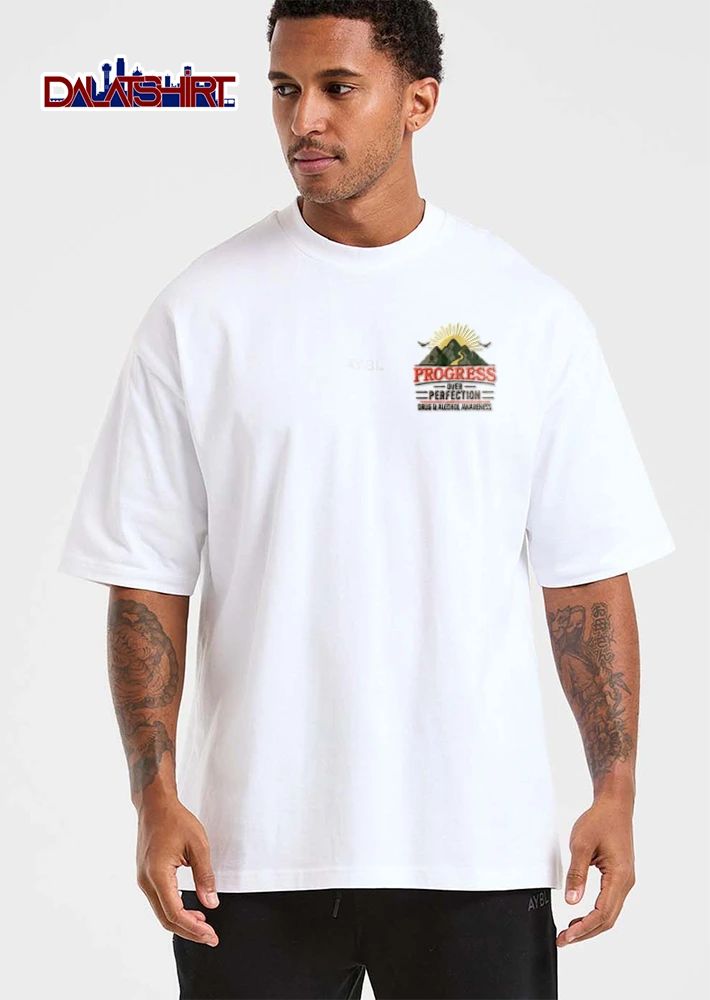 Progress Over Perfection Drug And Alcohol Awareness mountains sun birds ribbon illustration shirt