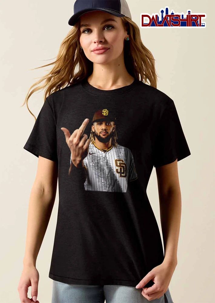 San Diego Padres Fernando Tatis man wearing baseball jersey middle finger shirt