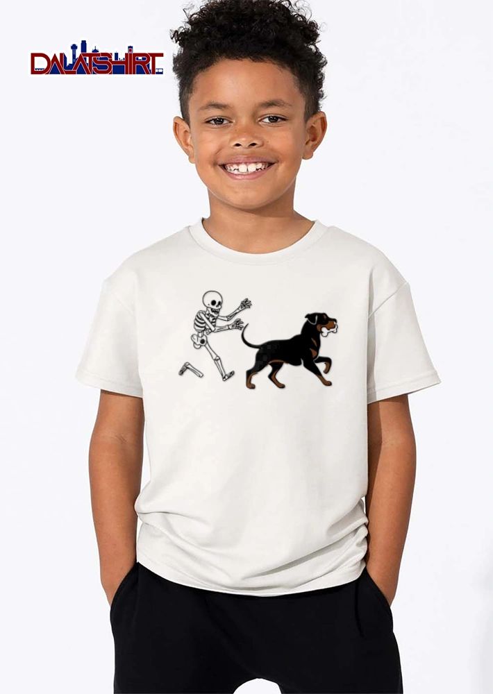 Skeleton chasing rottweiler holding bone shirt