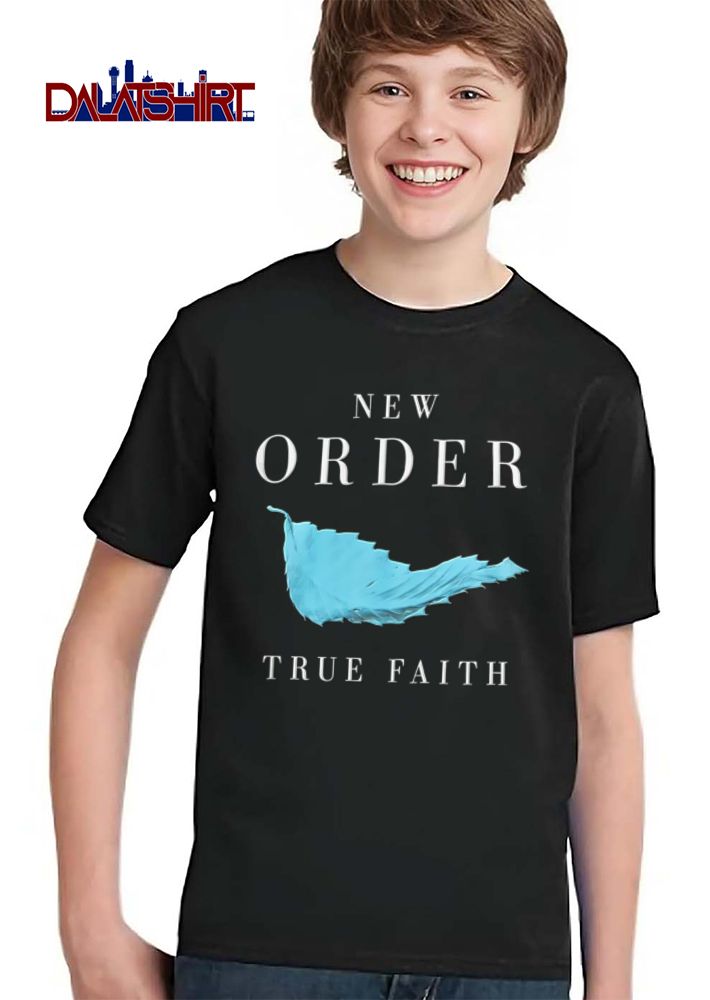 New Order True Faith blue leaf graphic black background shirt