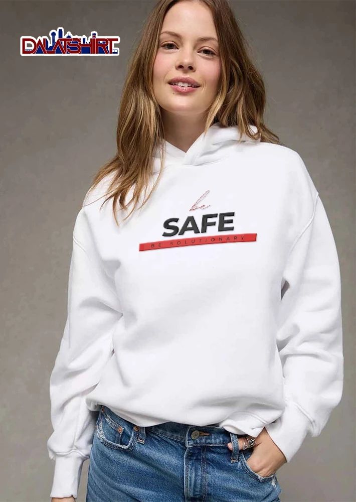 Be Safe Be Solutionary Red Cursive Script Bold Letters Banner shirt