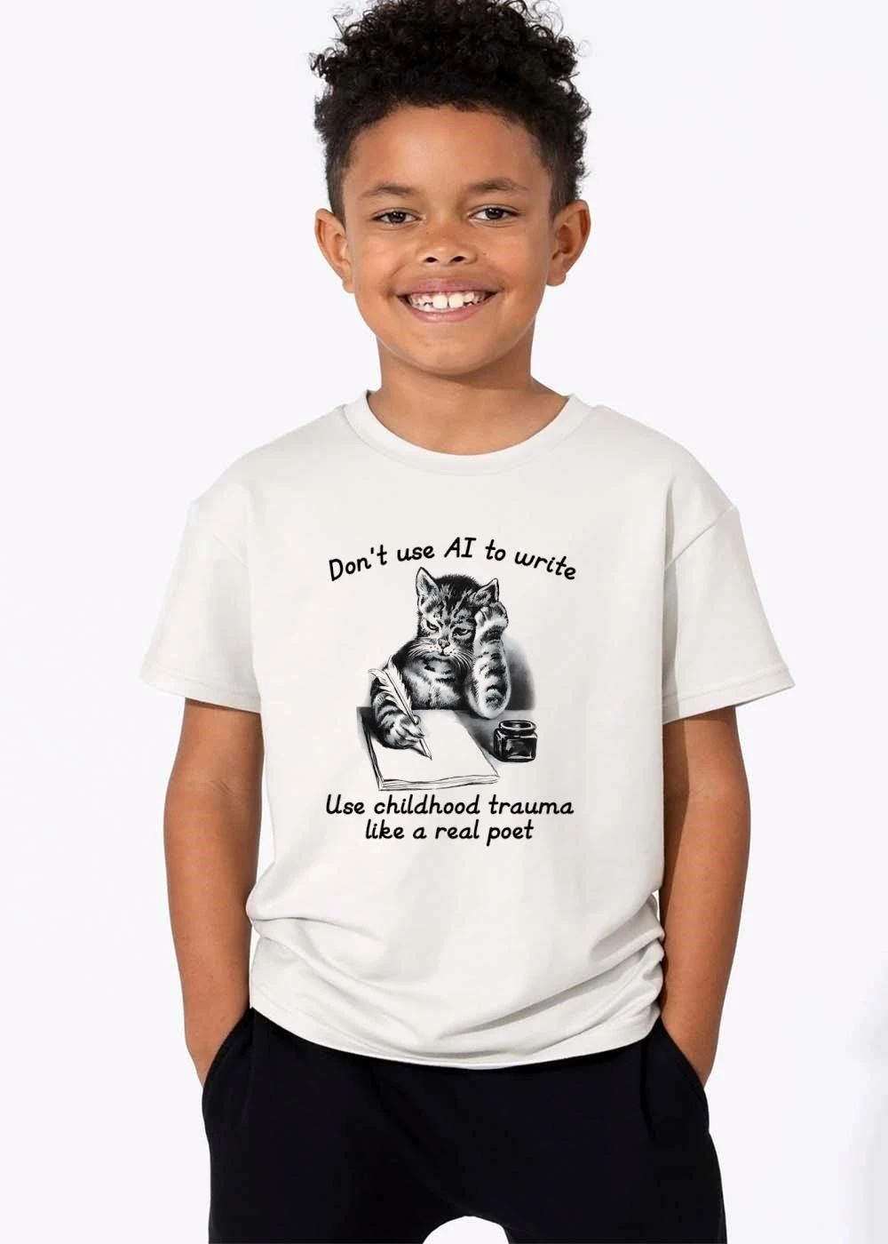 Dont Use Ai To Write Childhood Trauma Like A Real Poet Cat Writing Quill Inkwell Sketch shirt