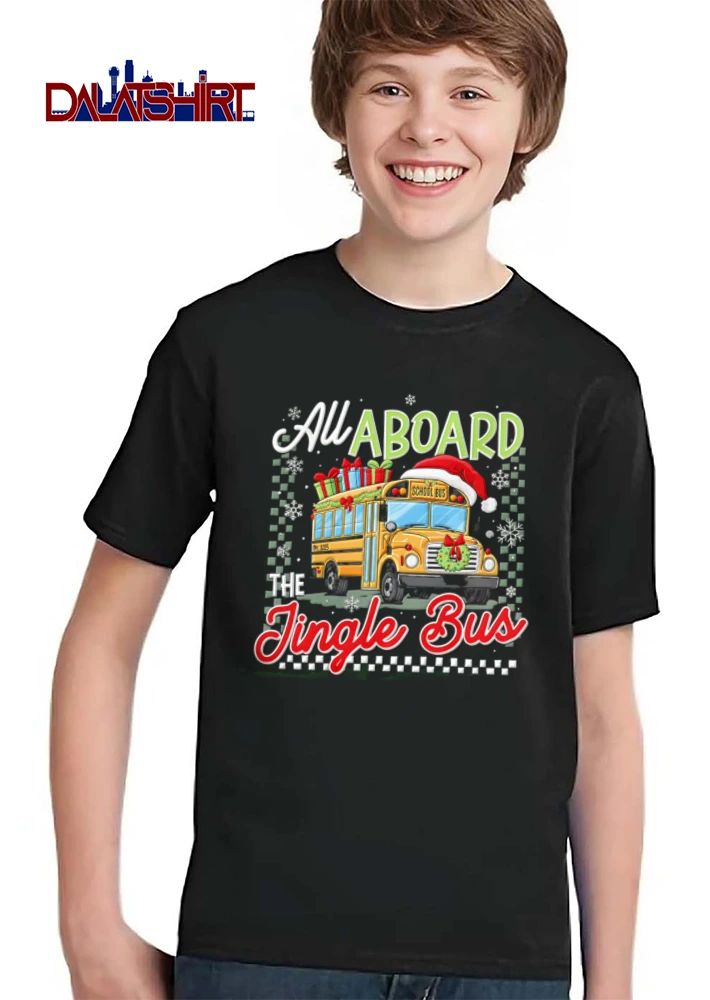 All Aboard The Jingle Bus yellow school bus Santa hat gifts wreath snowflakes shirt