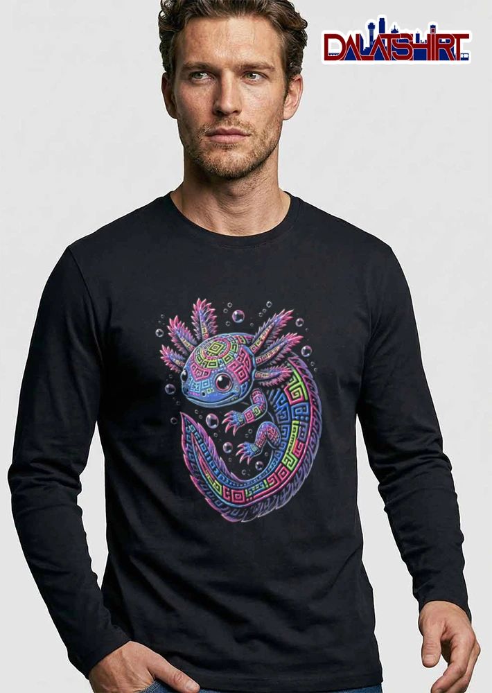 Neon axolotl geometric pattern bubbles shirt