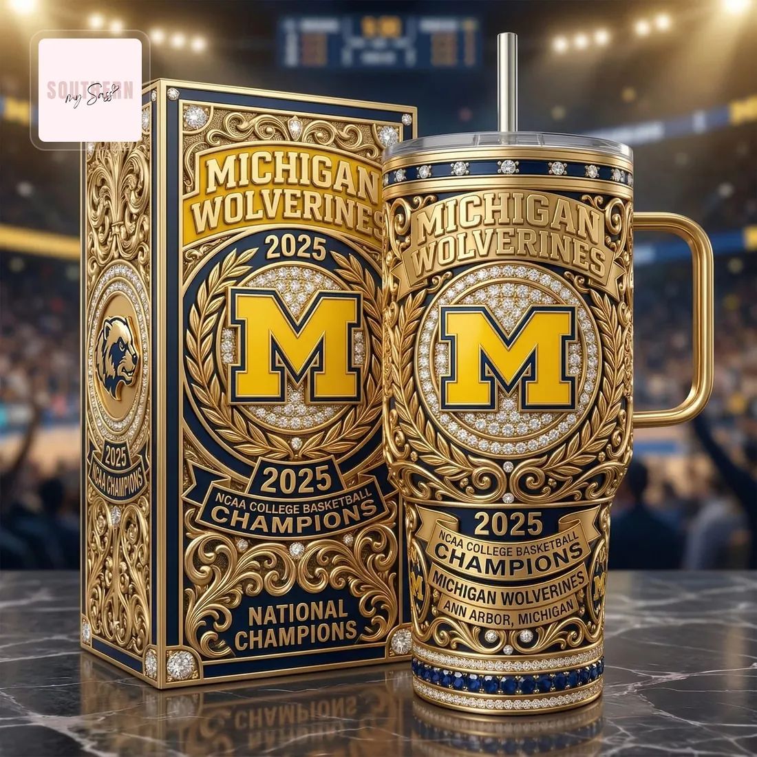Michigan Wolverines 2025 NCAA College Basketball Champions Gold Tumbler
