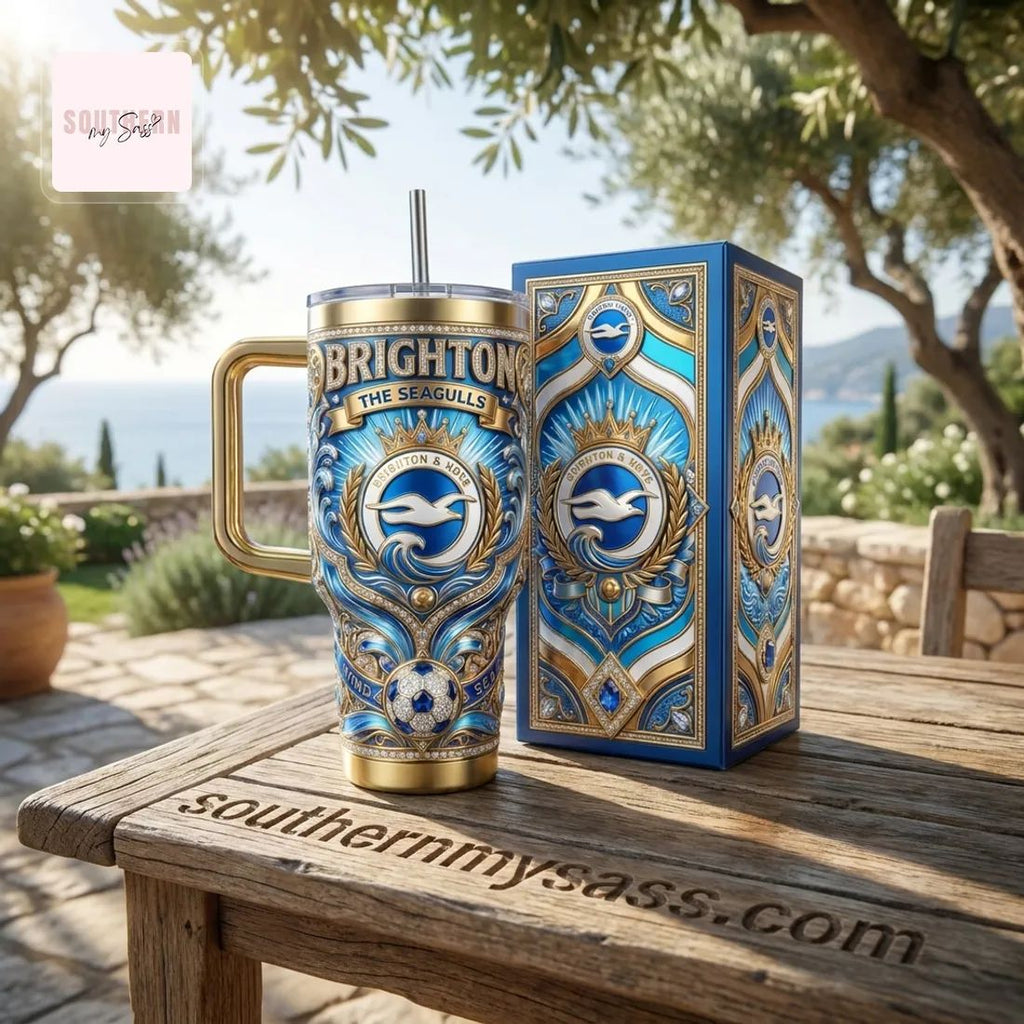Brighton & Hove Albion FC 40oz Insulated Premium Gold & Blue Design Tumbler With Handle