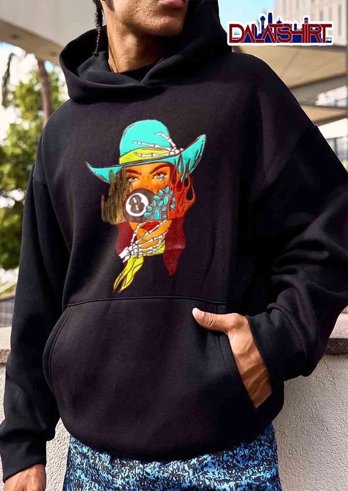 Woman cowboy hat skeleton hands cactus turquoise flames shirt