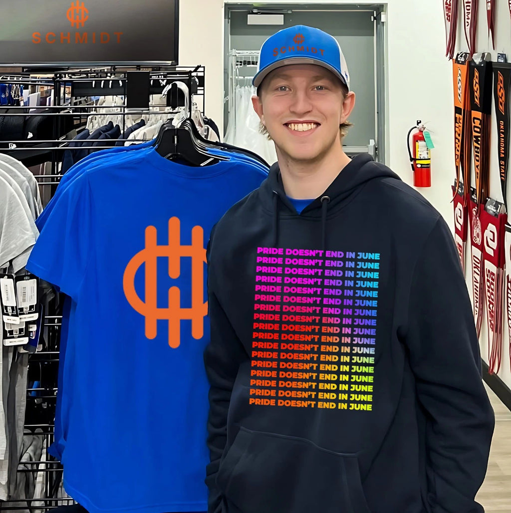 Pride doesn’t end in June rainbow color text shirt