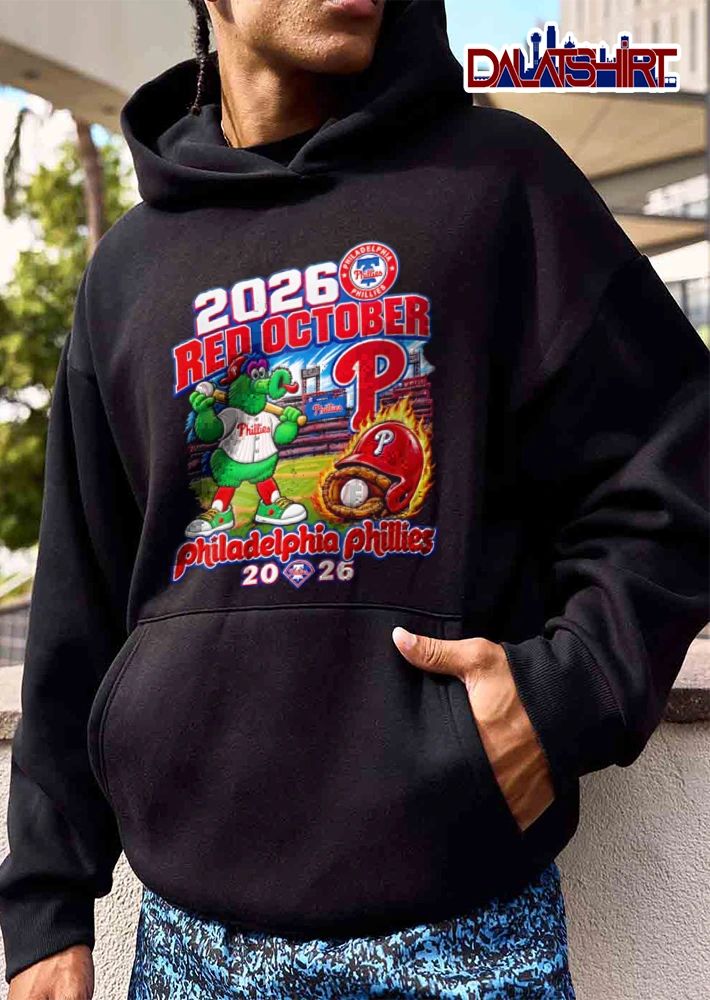 Philadelphia Phillies Red October green mascot holding baseball bat baseball stadium flaming helmet glove 2026 shirt