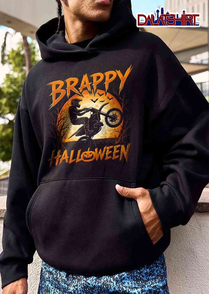 Brappy Halloween motocross rider doing wheelie moon bats shirt