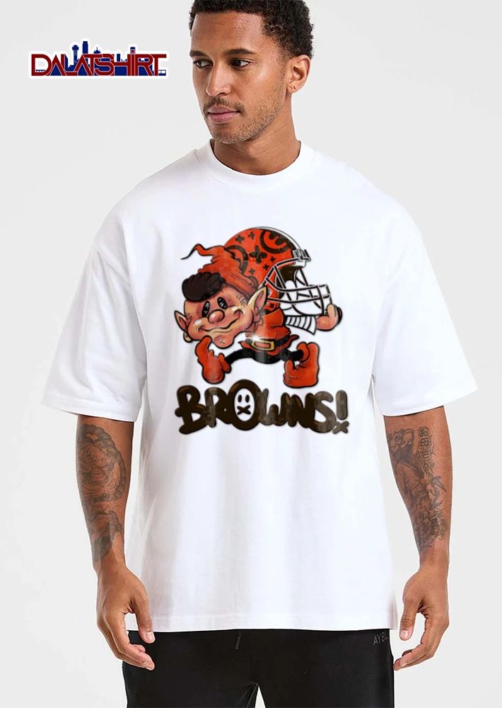 Cleveland Browns elf mascot holding football helmet shirt