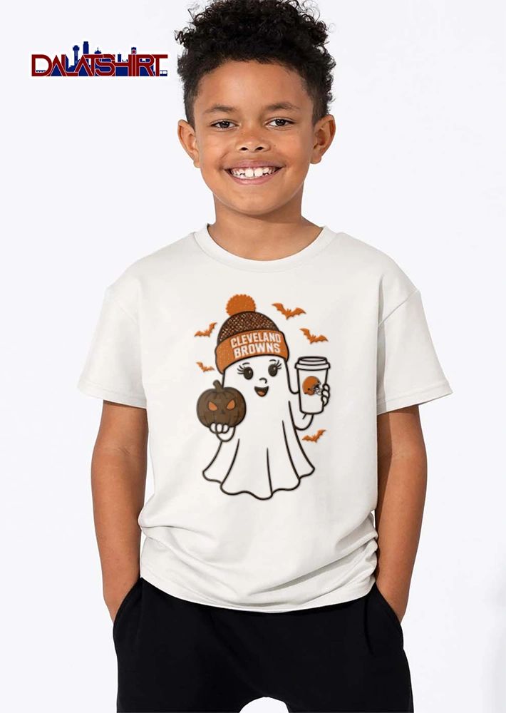 Cleveland Browns ghost wearing beanie holding pumpkin shirt