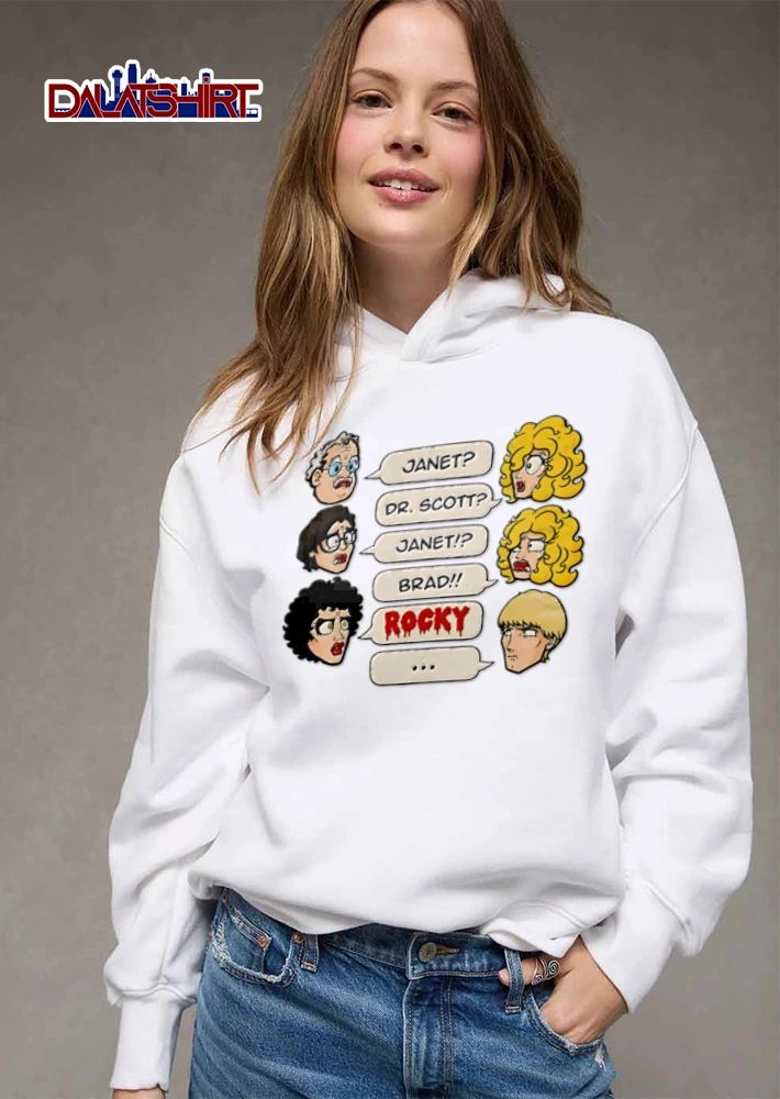 Janet Dr Scott Brad Rocky Horror Picture Show cartoon heads speech bubbles dialogue shirt