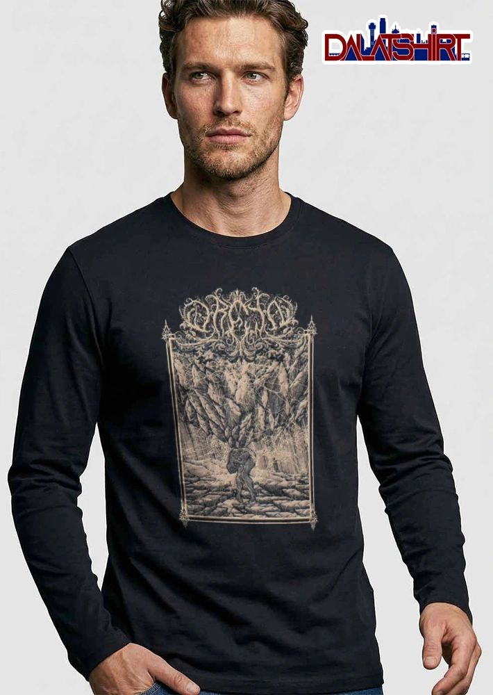 Oranssi Pazuzu figure carrying large rock landscape shirt