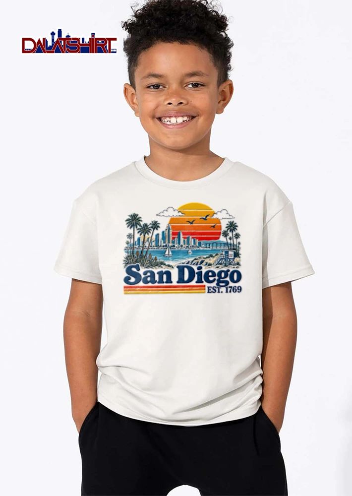 Diego Williams 22 city skyline beach sunset palm trees shirt