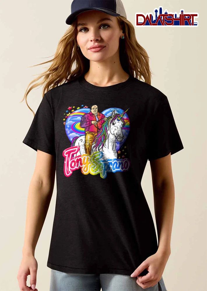Tony Soprano man riding unicorn rainbow background shirt
