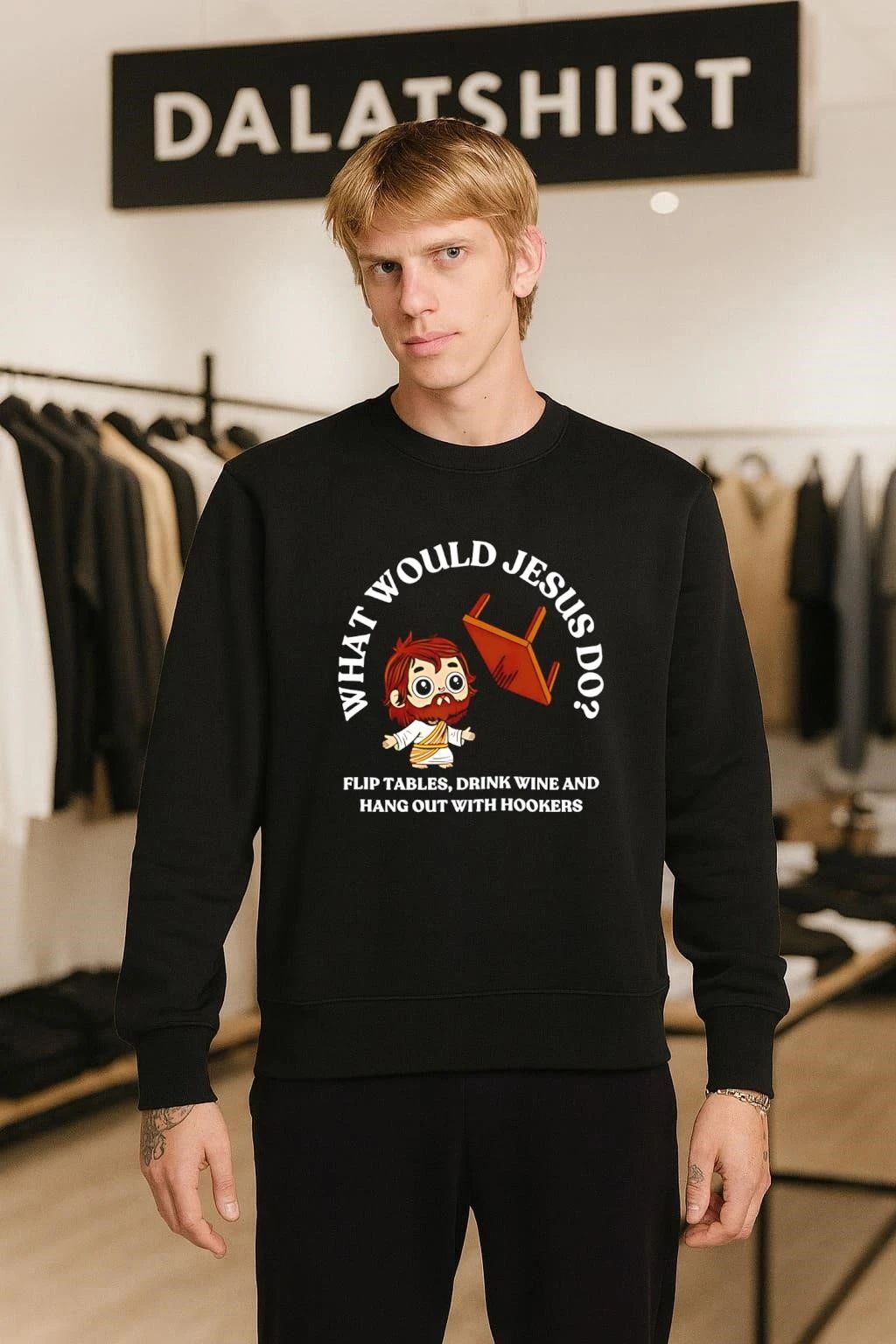 What Would Jesus Flip Tables Drink Wine And Hang Out With Hookers cartoon shirt