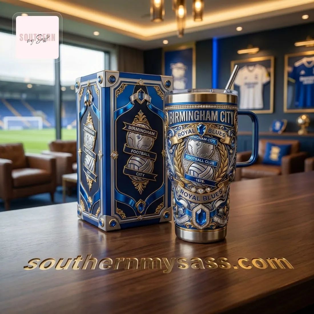 Birmingham City FC Royal Blues Premium Ornate 40oz Insulated Tumbler with Handle
