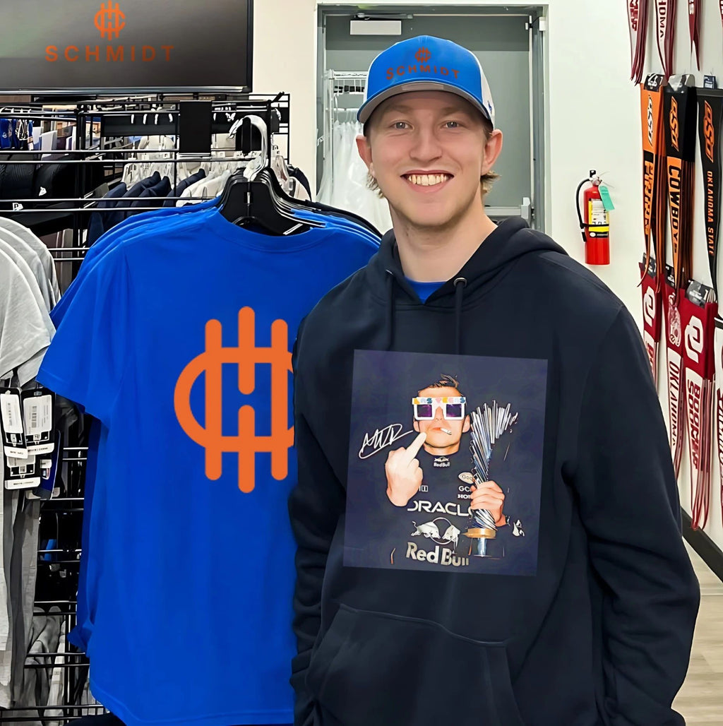 Max Verstappen wearing glasses middle finger shirt
