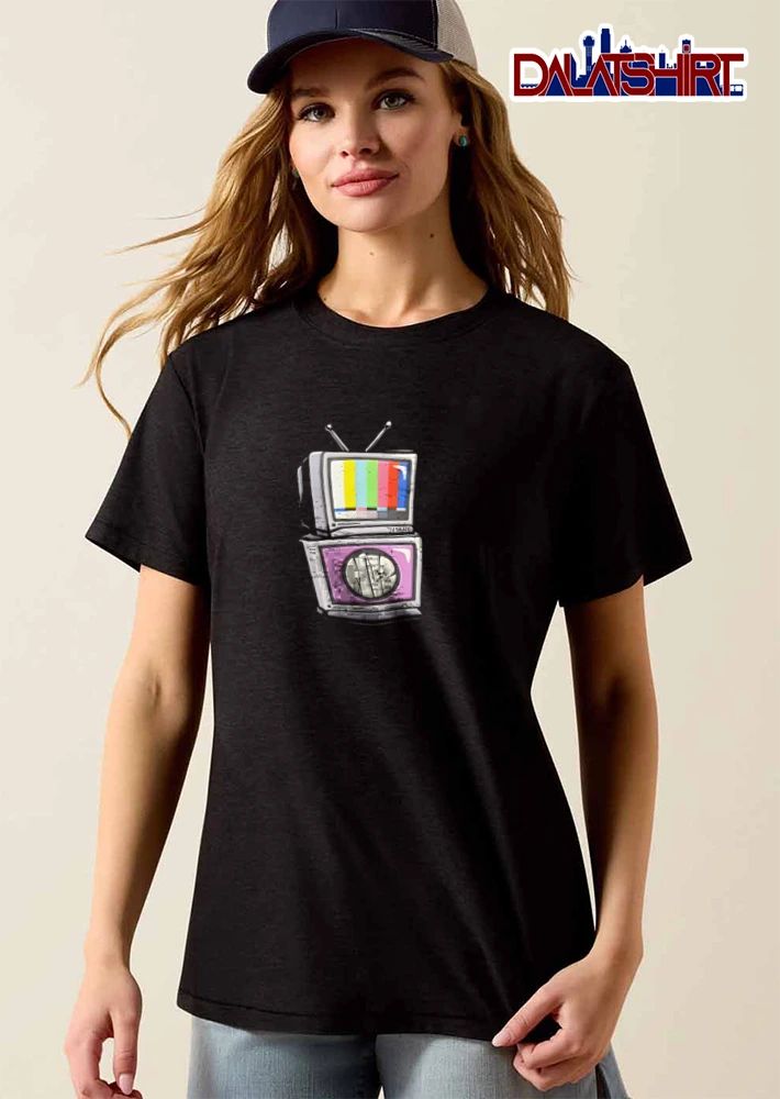 TV HEAD MIZ two stacked televisions colorful bars shirt