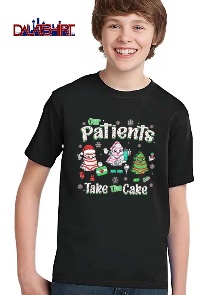 Our Patients Take The Cake three anthropomorphic Christmas tree cookies medical equipment shirt