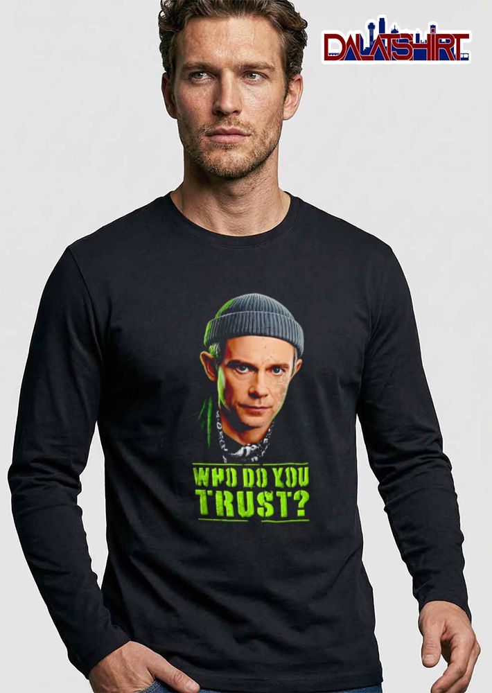 Who Do You Trust man wearing beanie scarf portrait shirt