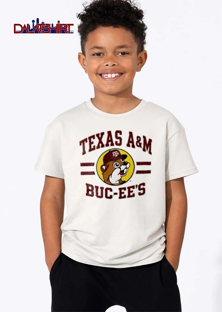 Texas AM University Buc Ees beaver mascot wearing baseball cap shirt