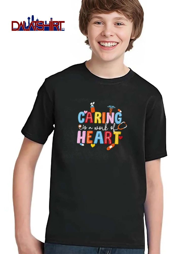 Caring Is A Work Of Heart medical icons stethoscope bandage pills shirt